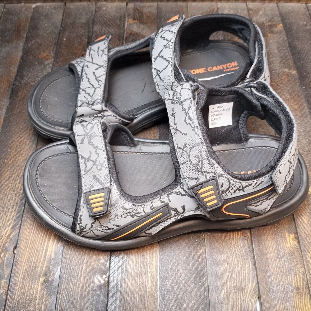 Stone Canyon Harvey Boys Sandals US 3M Gray Black Orange Hook & Loop Straps